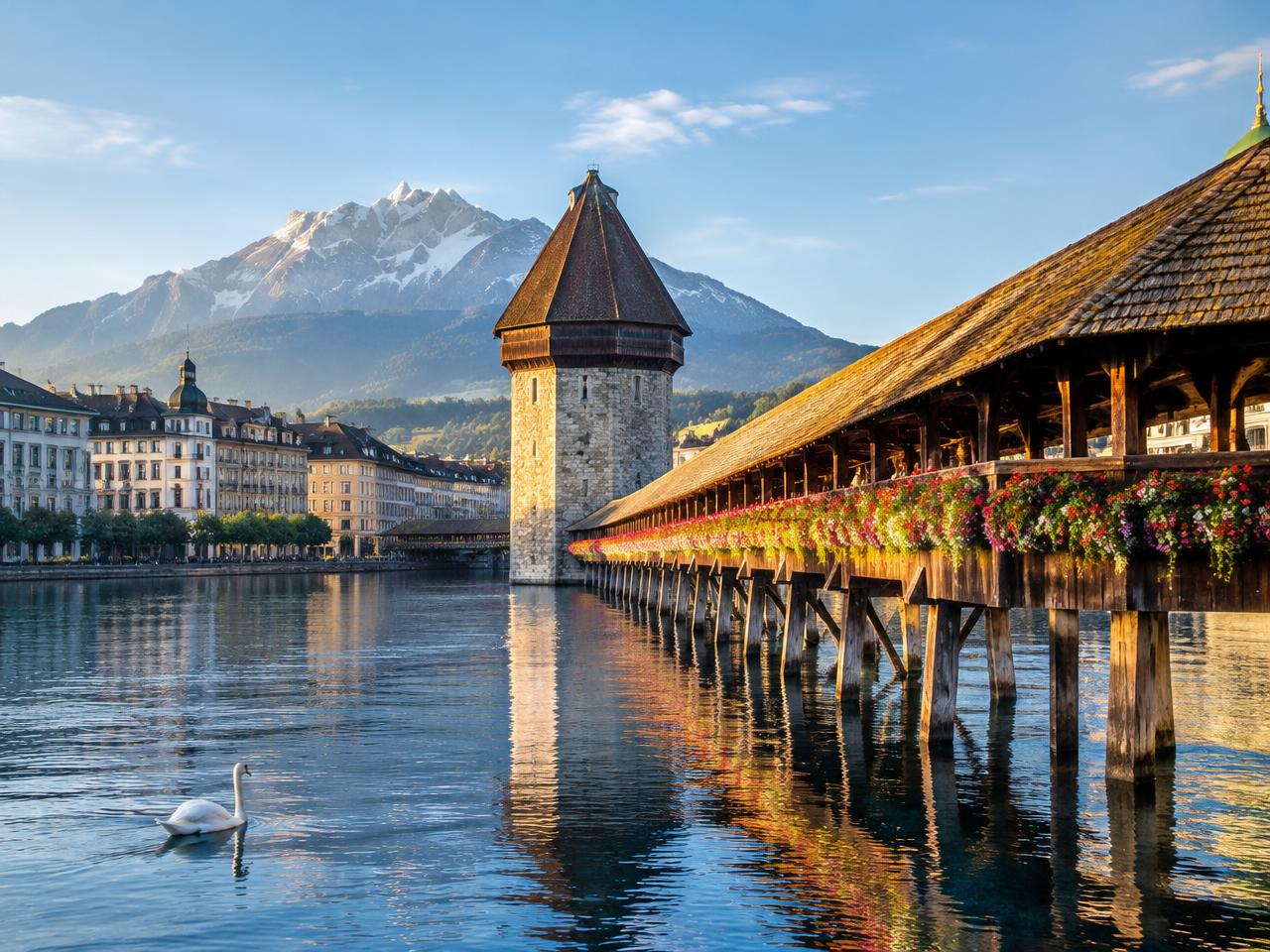 Luzern, Kapellbrücke und Pilatus in der Schweiz